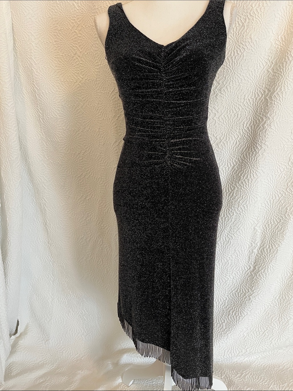 Betsy & Adam Black Sparkle Ruched V-Neck Midi Dress with Beaded Fringe Hem